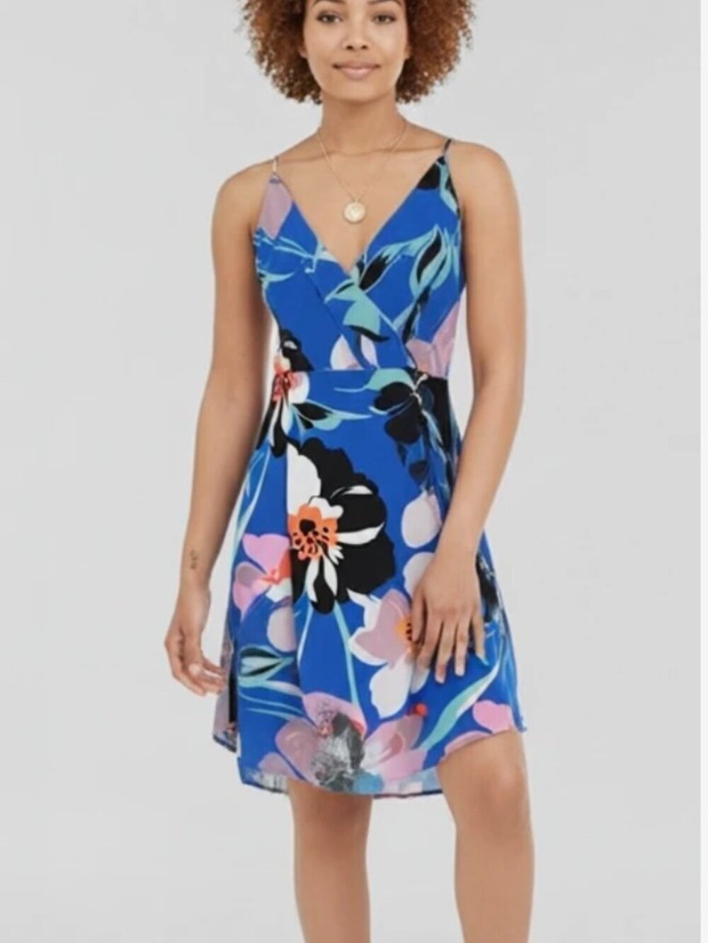 NWT Express Blue Tropical Floral Mini Dress Womens M Surplice Spaghetti Straps